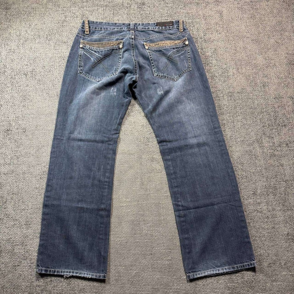 Projekraw Straight Leg Jeans Mens 34 Blue Distressed Y2K Faux Leather Trim 6205